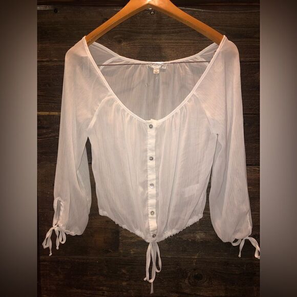 💕5️⃣ Olsenboye sheer drawstring crop top size small - Picture 1 of 2